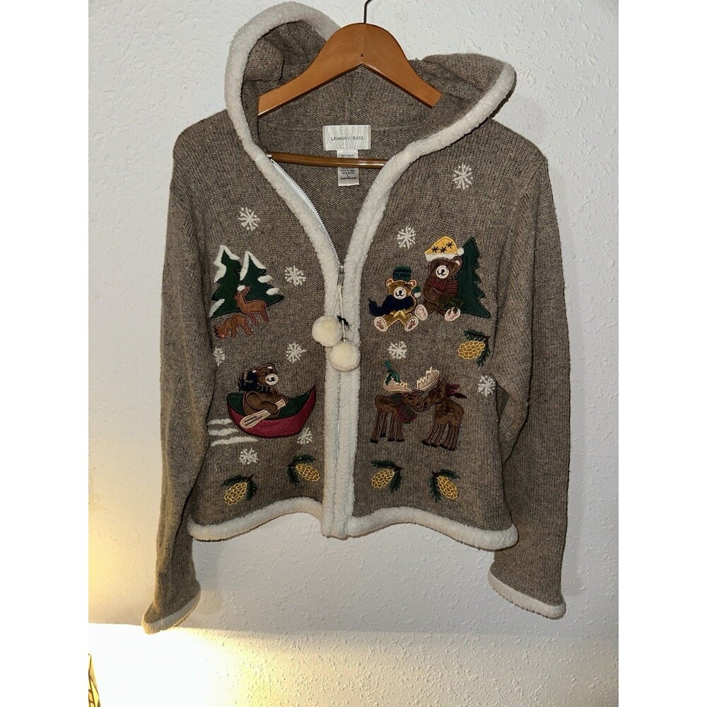 Lemon Grass Women’s L Hooded Cardigan Sweater Winter Bear Moose Embroidery Brown